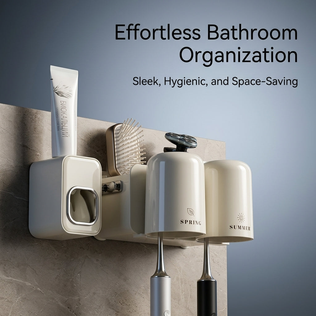 Wall Mounted Toothbrush Holder No Drill with Toothpaste Dispenser, Toothbrush Holder Set with Mouthwash Cup Holder, Toothbrush Rack Care Organizer