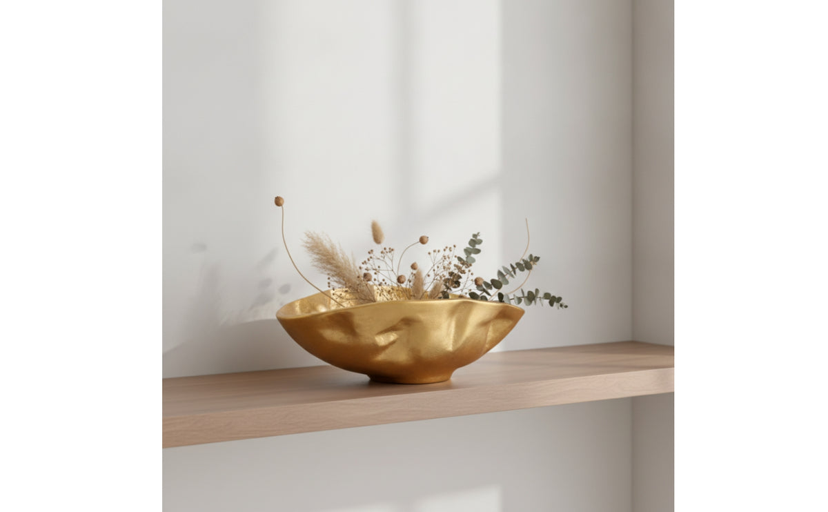 Hammered Metal Bowl Gold-Tone Shallow Bowl Wide Centerpiece for Console Table, Tabletop, Living Room
