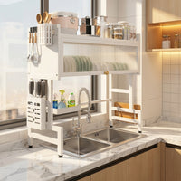 Over Sink Shelf Dish Rack, 2 Tier Carbon Steel Kitchen Sink Organiser and Drainer, Modern Design Aesthetic Saving Kitchen Tool