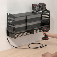 Heavy-Duty Power Tool Organizer with Power Strip Space-Saving Drill Holder with Charging Station Allall-in-One for Mechanics, Workshop