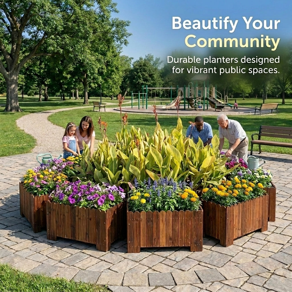 Outdoor Wooden Planter Box Rectangular Garden Flower Bed, Large Carbonized Wood Planter for Gardeners