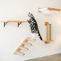 Cat Climbing Wall Shelves Set, Solid Wood Pet Climbing Frame, Modern Pattern Wall-Mounted Elevated Area for Large Indoor Cats, No Scratching