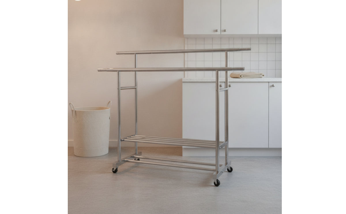 Stainless Steel Double-Rod Drying Rack Floor-Standing Double Rod Garment Rack Sturdy Long-Lasting for Balcony