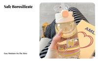 Cute Design Glass Water Bottle with Time Marker Heat and Cold Resistant Borosilicate Glass Bottle with Straw Safe for Home, Outdoor, Gym