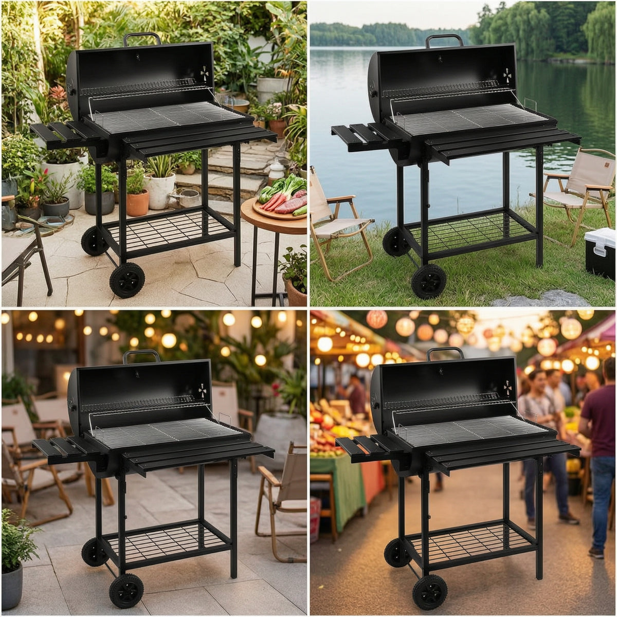 Briquette Grill with Lid Outdoor Briquette Grill with Side Shelf Adjustable Barbecue with Wheels for Families, Backyard, Patio, Camping