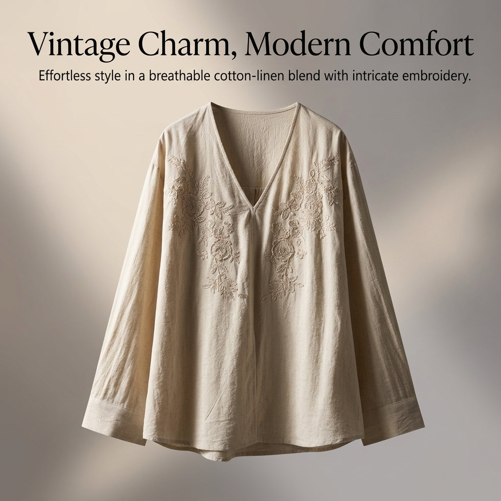 Long Sleeve Tops for Women with Embroidered Floral V-Neck Design, Linen Blend Blouse for Casual Everyday Wear and Going Out, Back Tie Detail