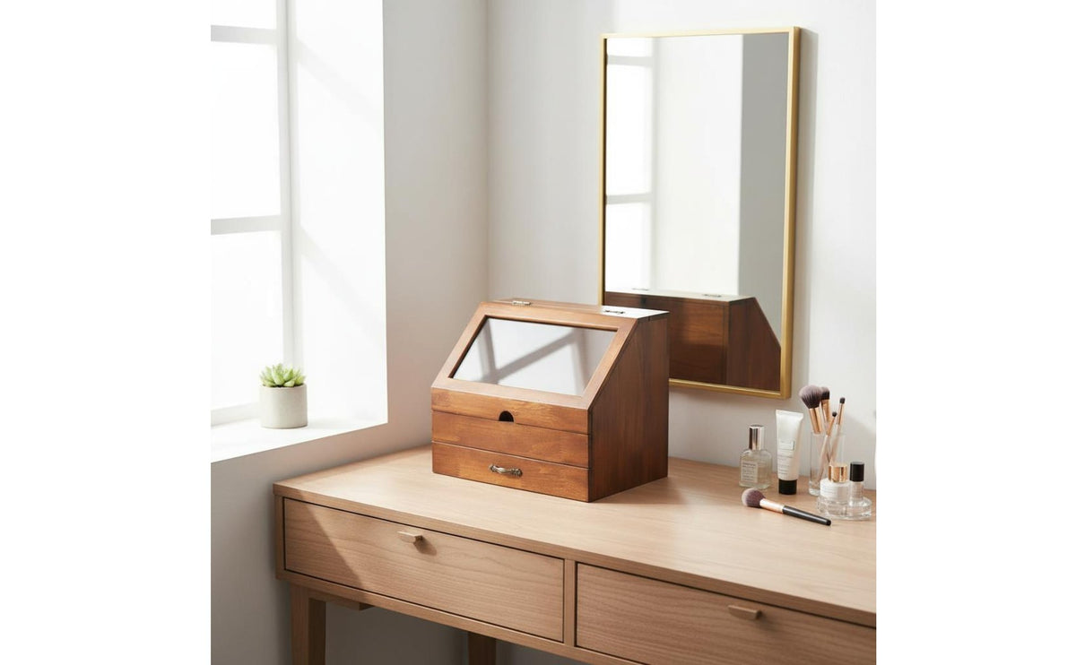 Wooden Storage Box with Drawer Sturdy Wood Countertop Vanity Storage Box Multi-Tier Cosmetic Organizer Large Capacity