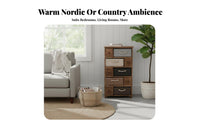 sturdy Wood Frame Narrow Woven Drawer Tower Space-Saving Narrow 4-Drawer Organizer Slim silhouette Nightstand Rustic design for Decor lovers, Apartment Dwellers, Bedroom, Living Room, Entryway, Hallway