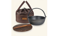 Cast Iron Stew Pot  with Wooden Lid Ribbed soup Pot with Storage Bag Portable Nabe for Outdoor Cooks, Picnics