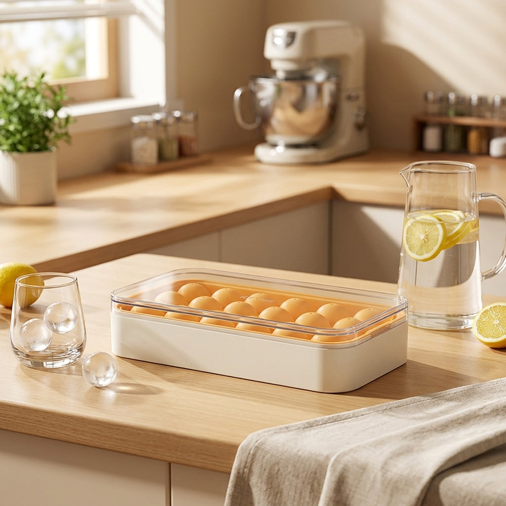 Storage Box with Ice Tray for Soft Drinks, Food Grade Round Ice Maker with Lid for Spheres, Easy Release Kitchen Gadget, 1 Pack Container