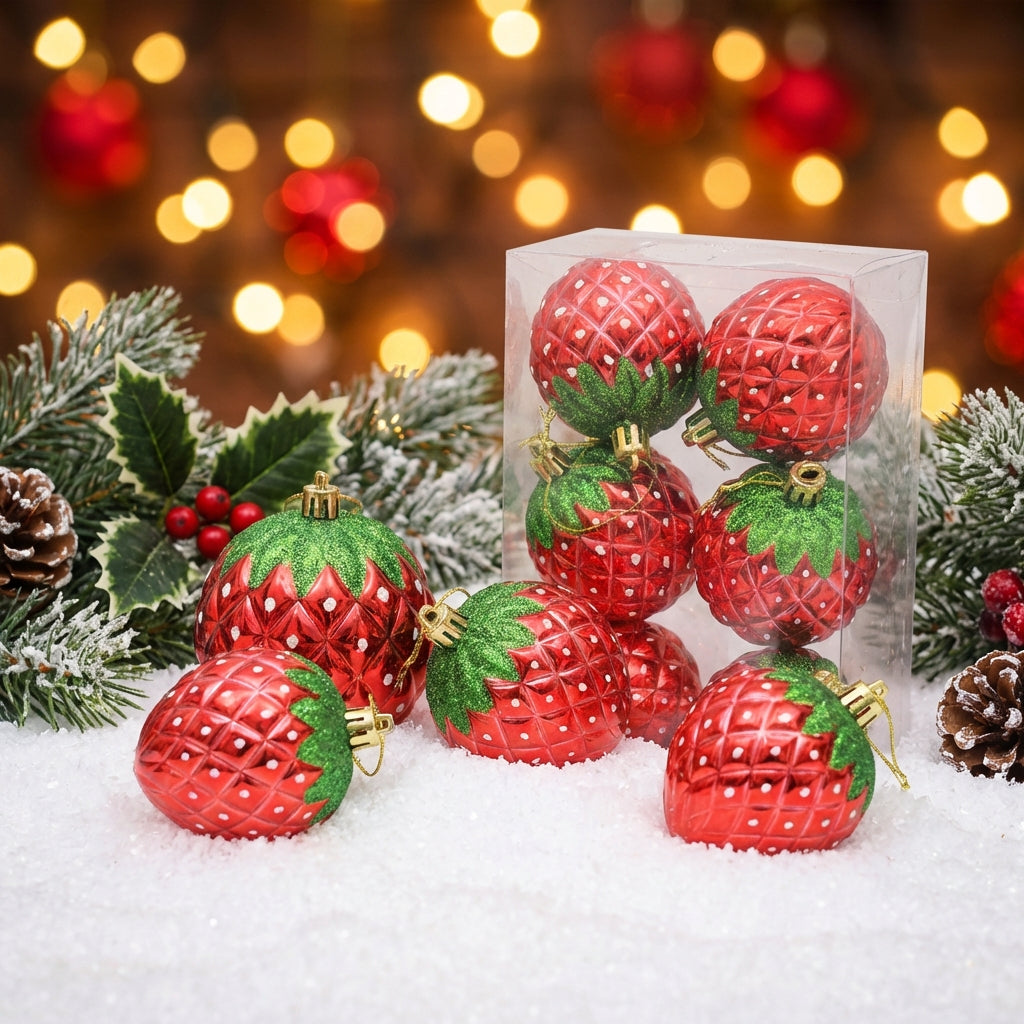 Pack of 6 Strawberry Baubles, Glitter Red Fruit Ornaments,  Shiny Hanging Decorations for Easter Tree and Spring Home Decor