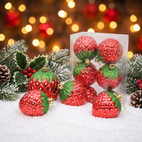 Pack of 6 Strawberry Baubles, Glitter Red Fruit Ornaments,  Shiny Hanging Decorations for Easter Tree and Spring Home Decor