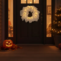 Light-up Ghost Wreath Spooky Halloween Wreath with Lights Pre-Lit Hanging Decoration Indoor Outdoor for Window