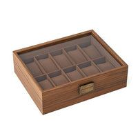 Walnut Watch Box with Glass Lid 10-Slot Watch Display Box Clear Storage Holder Sturdy for Dresser