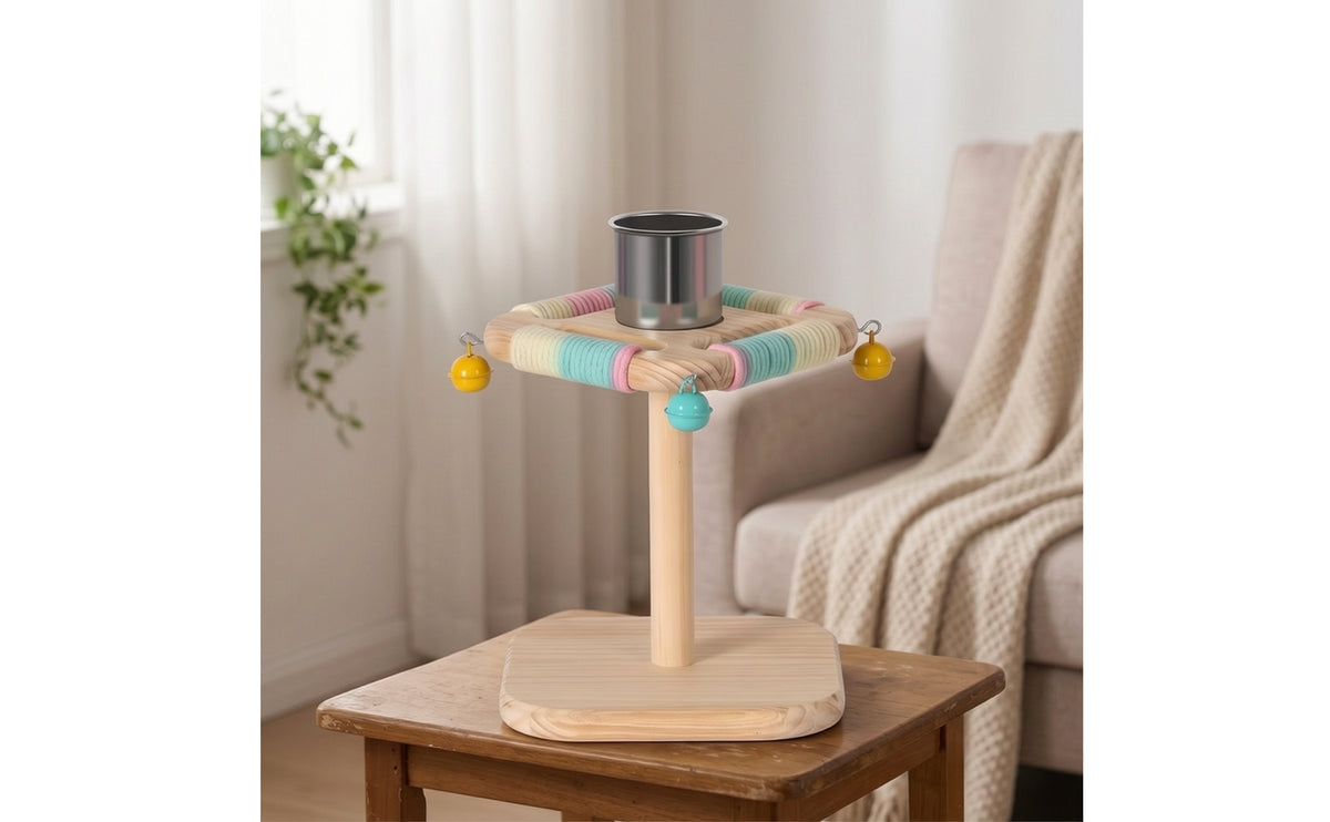 Desktop Bird Stand Wooden Bird Stand with Drink Holder Stainless Steel Playground for Small Birds, Parrots, Desk, Table