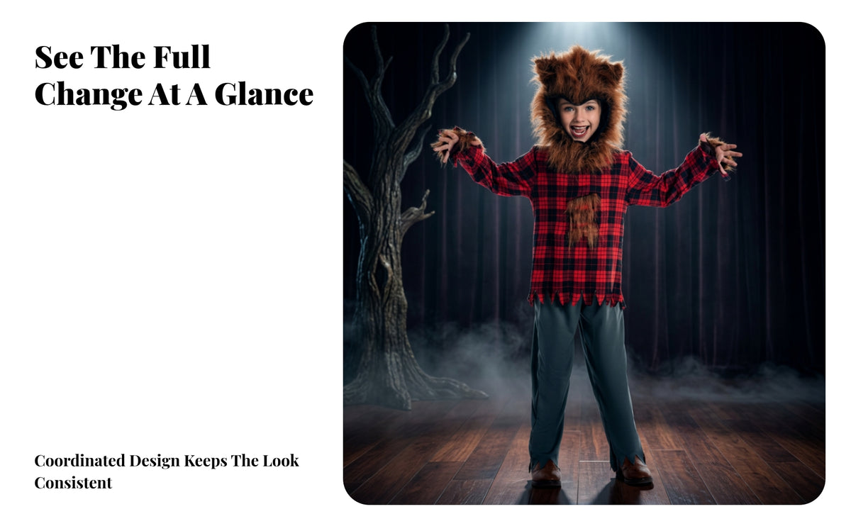 Faux Fleece Wolf Costume with Hood Grey Wolf Costume Polyester Animal Outfit Plaid for Children, Boys, Halloween, Stage Performance