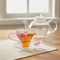 Pink Butterfly Transparent Glass Teacup with Handle and Saucer, Puer Tea Cup, Coffee Cup