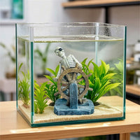 Aquarium Ornament with Nautical Steering Wheel Resin Skeleton Leader Statue Weathered Pirate Leader Ornament with Wheel for Desktop Display