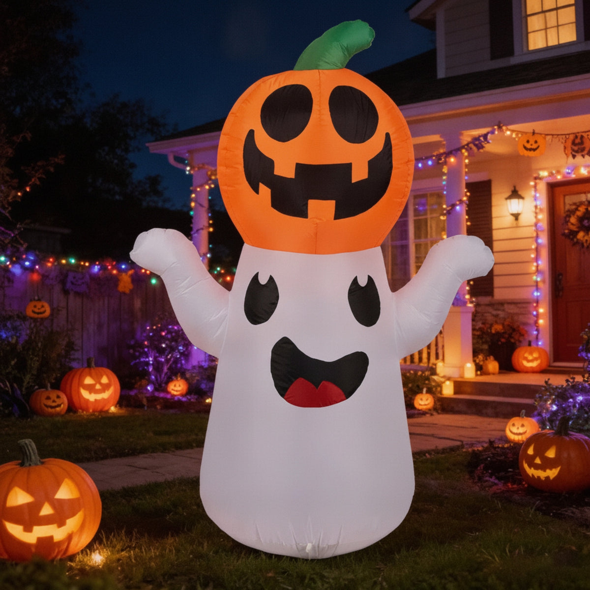 Ghost Decoration with Pumpkin Friendly Ghost with Pumpkin Halloween Inflatable Self-Inflating Inflatable with Stakes