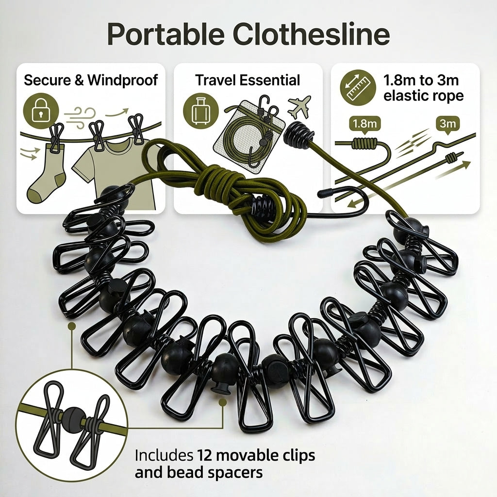 Portable Travel Clothesline with Clips Windproof Elastic Rope, Retractable Clothes Rope for Essentials Outside Clothes Line Rack
