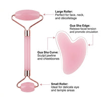 Facial Massage Roller and Gua Sha Two Piece Set, Stone for Skincare Routine, Debloat Tool with Windowed Gift Box for Women