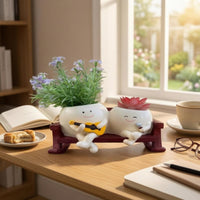 Smiling Faces Rocking Chair Planter Wooden Base Cartoon Plant Pot Set Cute Design Grinning Flower Pot Wood-Grain