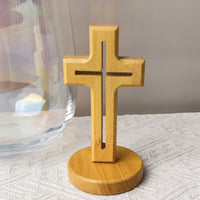Wooden Cross with Base Freestanding Wooden Cross with Stand Natural Wood Religious for Prayer Corner, Desk