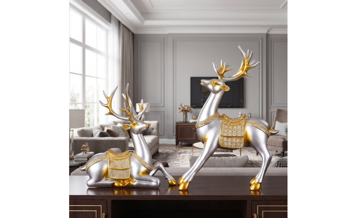 Tabletop Deer Figurines Sculptural Deer Figurine Ornate Sculptures with Antlers Gold-Trimmed for Living Room, Entryway, Mantel, TV Cabinet
