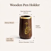 Pen Organiser for Desk Organization, Solid Ebony Wooden Pencil Pot Stationery Holder, Round Desktop Storage for Students and Offices