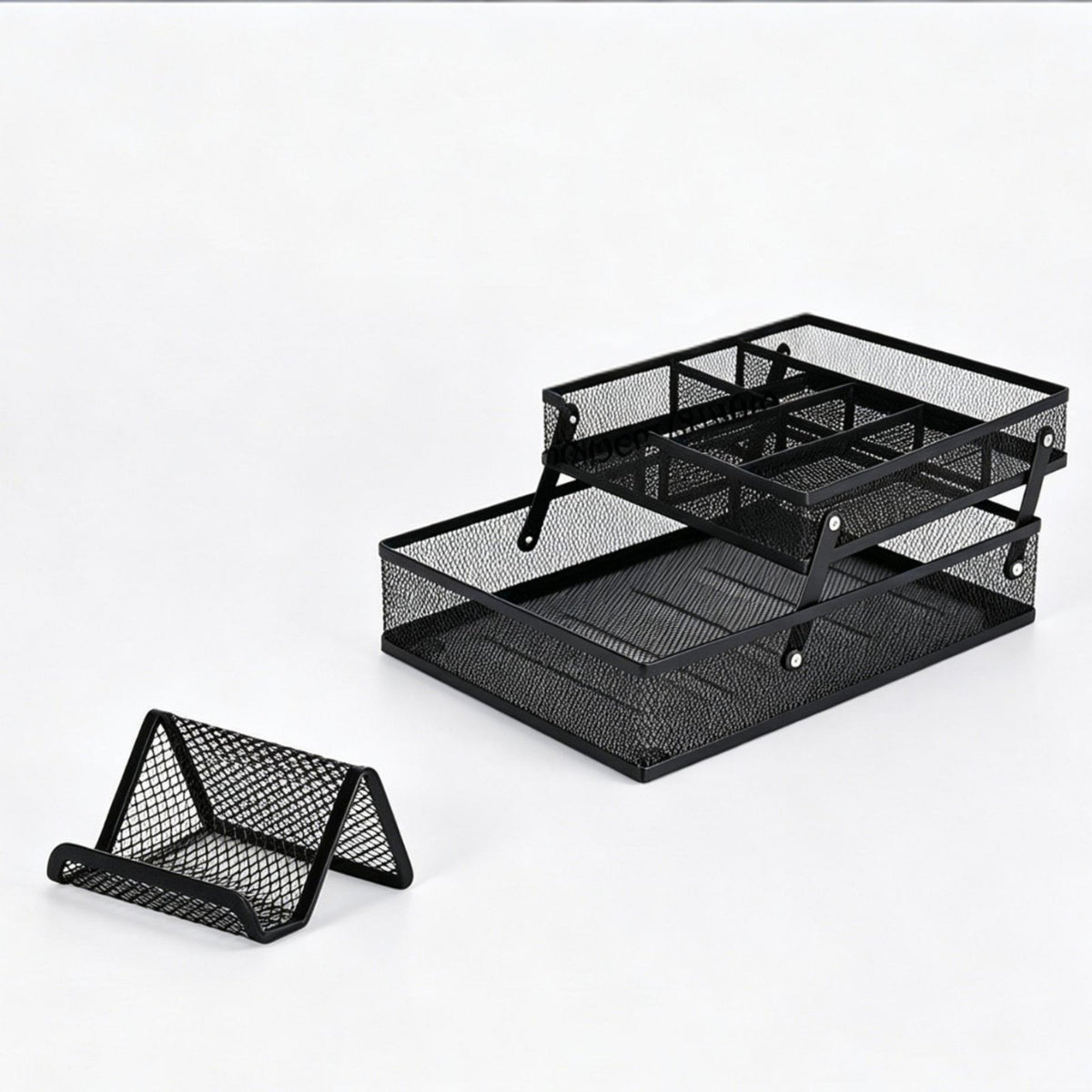 Multi-Functional 2 Tier Metal Mesh Organizer Space-Saving Collapsible Stationery Rack Office Supply for School