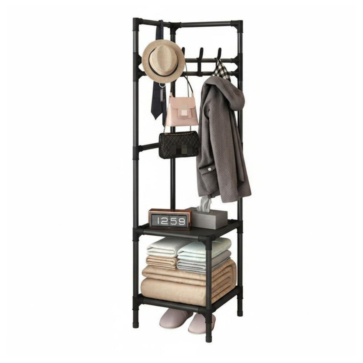 Freestanding Corner Hall Tree Space-Saving Coat Stand Multihanger Garment Rack Minimalist Design for Students, Apartment Dwellers, homeowners, Bedroom, Hallway, Dorm Room, Office