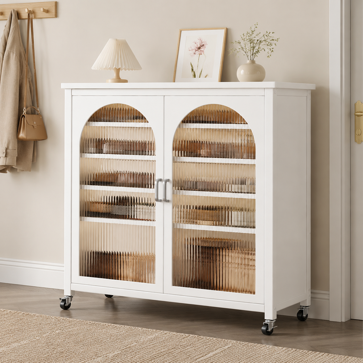 Narrow Shoe Rack with Stone Top, Nordic Style for Small Apartments, Closed Shoe Cabinet with 6 Shelves and Adjustable Compartments, Cloud White