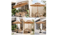Patio Umbrella with Base UPF 50+ Two-Tiered Top Patio Umbrella Wood Look for Cafes, Backyard, Balcony, Camping