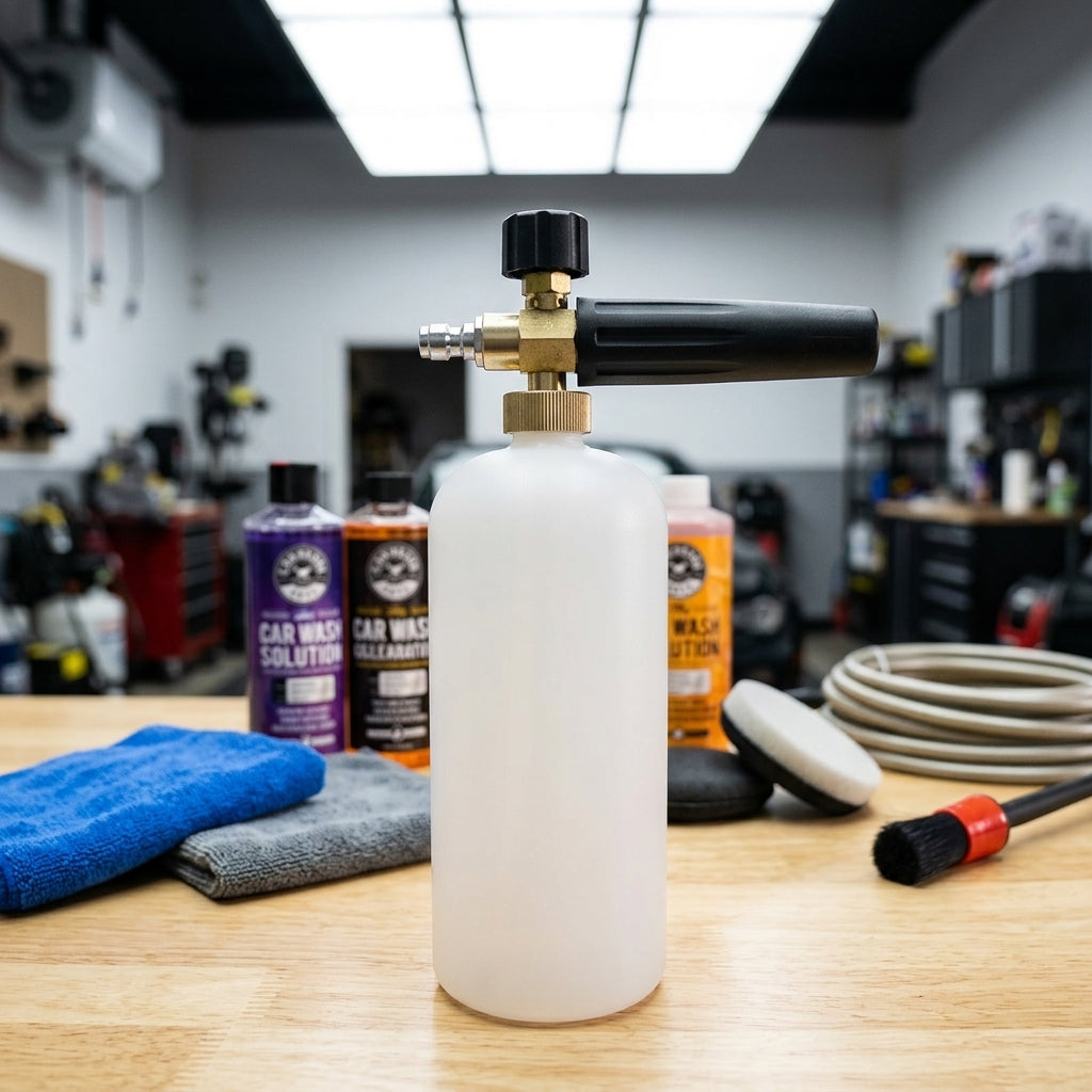 Car Cleaning and Detailing Foam Sprayer for Professional Washing, Heavy Duty Foam Lance with Brass Handle, 1L White Bottle Foam Blaster, 5m