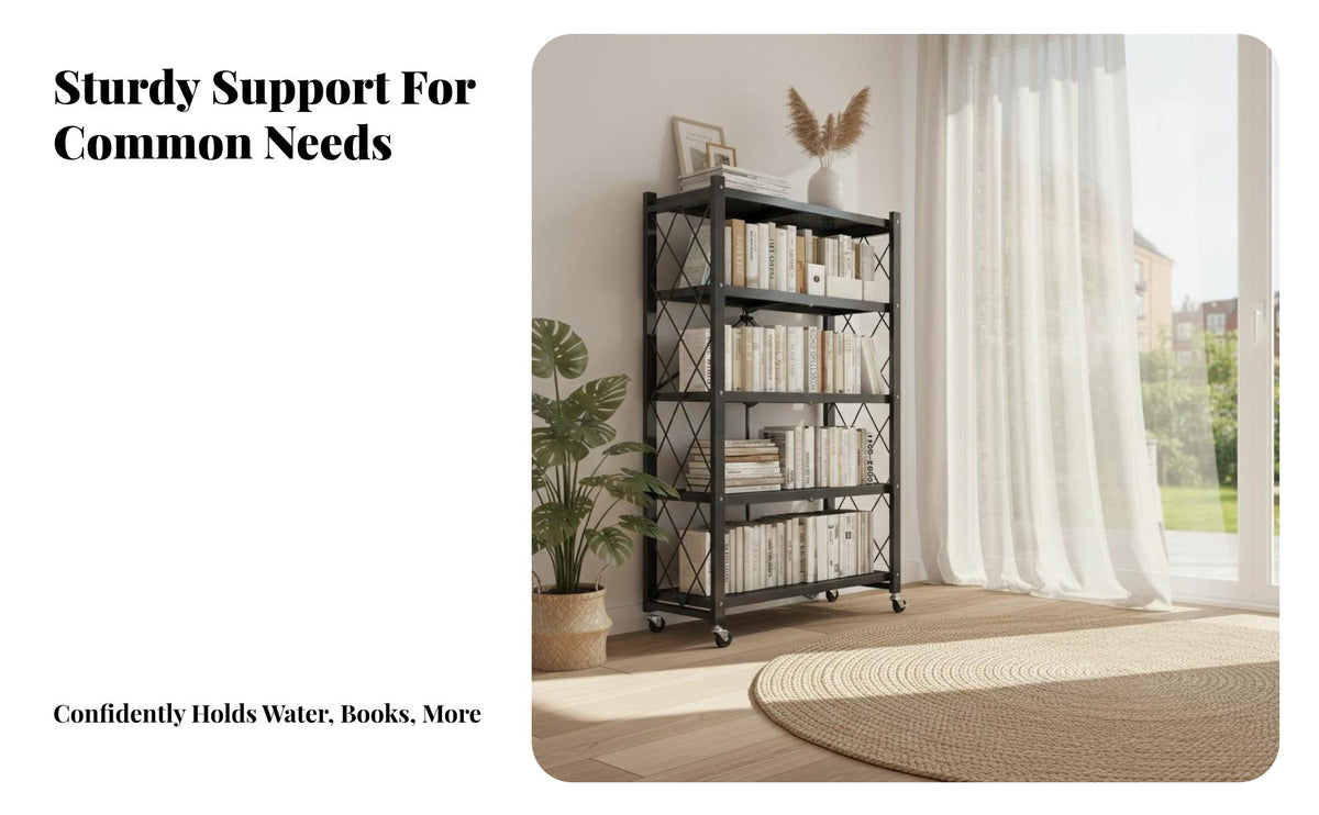 Installation-No-Cost Foldable Rolling Shelf No Assembly Required Collapsible Wheeled Rack Movable with Wheels Household Storage Multi-Functional for Students, Renters, Homeowners, Dorm Room, Bedroom, Office, Kitchen