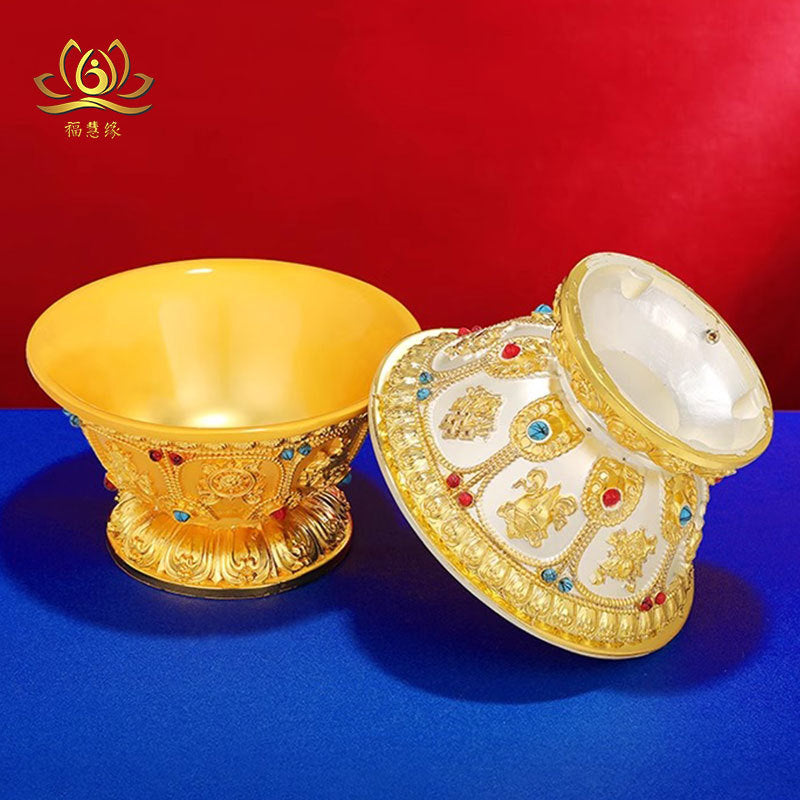 Tibetan Alloy Offering Bowl Set with Auspicious Symbols