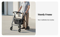 Long-Lasting Steel Frame Elderly Shopping Cart Mobility Aid Underseat Storage Walking Aid with Seat and Basket Adjustable Height 4-Wheel Mobility Aid with Seat Double Braking System for Seniors, Daily Errands, Outdoor, Outdoors, Indoors