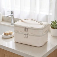 Double-Layer Makeup Bag Zippered Double Layer Cosmetic Bag PU Cosmetic Organizer Soft Long-Lasting for Travelers, Vanity