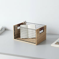 Wire Storage Basket with Wooden Handles OpenWire Mesh Top Basket with Wooden Handles Rectangular for Shelf, Desk, Pantry