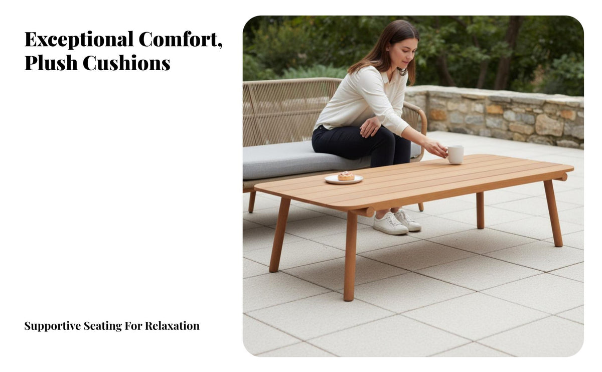 4 Pieces Nordic Design Woven Rope Lounge Set sturdy Wood Frame Outdoor Furniture Weather-Resistant Conversation Group Thick paddings for lodging industry Businesses, Garden lovers, Patio, Balcony, Sunroom, rearyard