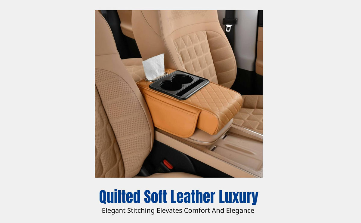 Car Armrest Pad, Universal Multifunctional Leather Pad with Beverage Holder, Storage, Heightening Pad, Tissue Box