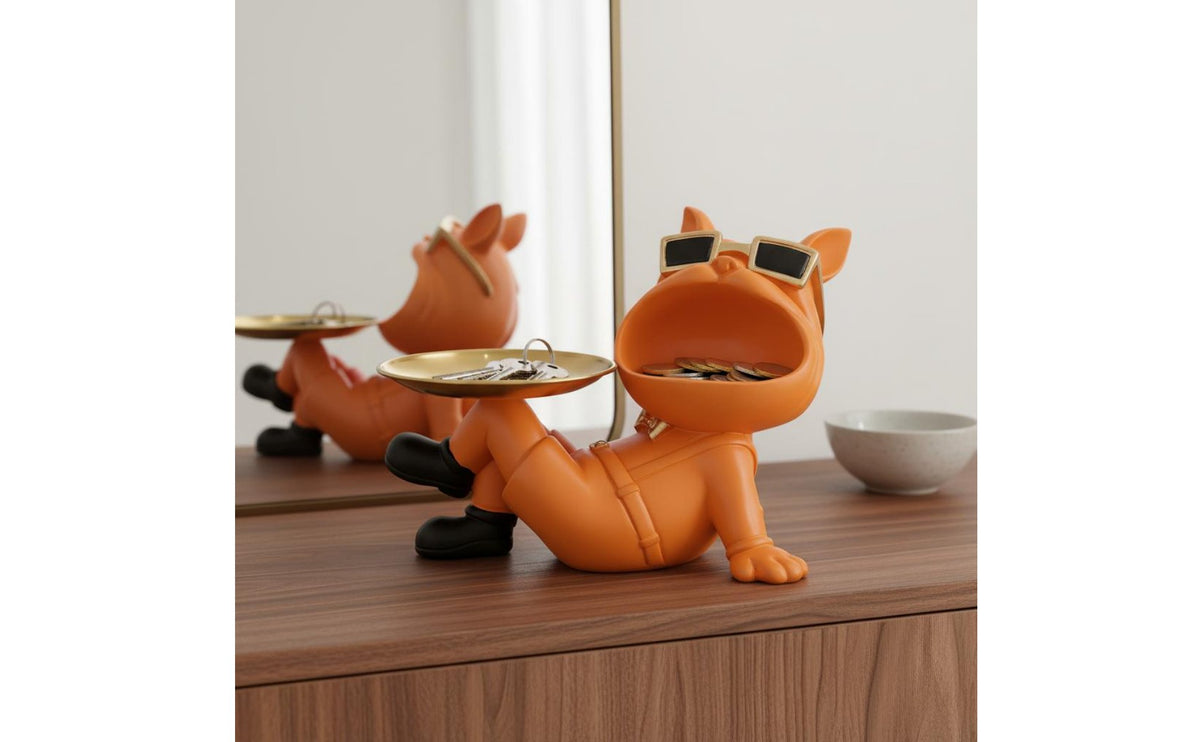 French Dog Storage Statue Creative Design French Dog Statue Tray Handmade Resin Butler Dog Figurine for Living Room, Office Desk, Bookshelf