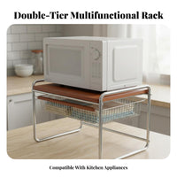 Space Saving Microwave Oven Rack Carbon Steel Frame 2-Tier Kitchen Counter Shelf Vintage Design 2 Tier Appliance Rack Easy to Assemble for Home Cooks, Apartment Dwellers, Homeowners, Small Areas, Pantry, Office, Dining Room