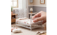 Dollhouse Bed with Mattress Wrought-Iron Style Miniature Double Bed Furniture Vintage Ornate for Doll Lovers