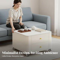 Movable with casters Wheeled Twotier Square Table Modern Minimalist Design 2-Tier Square Table Creamy off-white Finish Household Furniture Space-Saving for Apartment Dwellers, Homeowners, Students, Living Room, Lounge Area, Bedroom, Entryway