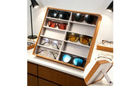 Wood-Grain Sunglasses Display Case 10-Slot Eyeglass Display Box Slanted Sunglass Organizer Upright for Retailers, Collectors, Retail Counter, Dresser, Optical Shop