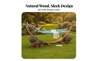 2-Person Capacity Swing Bed with Stand Weather-Resistant Wooden Arc Swing Bed Heavy Duty Outdoor Furniture Hardwood Spreader Bar for Couples, Families, Homeowners, Garden, Backyard, Balcony, Poolside