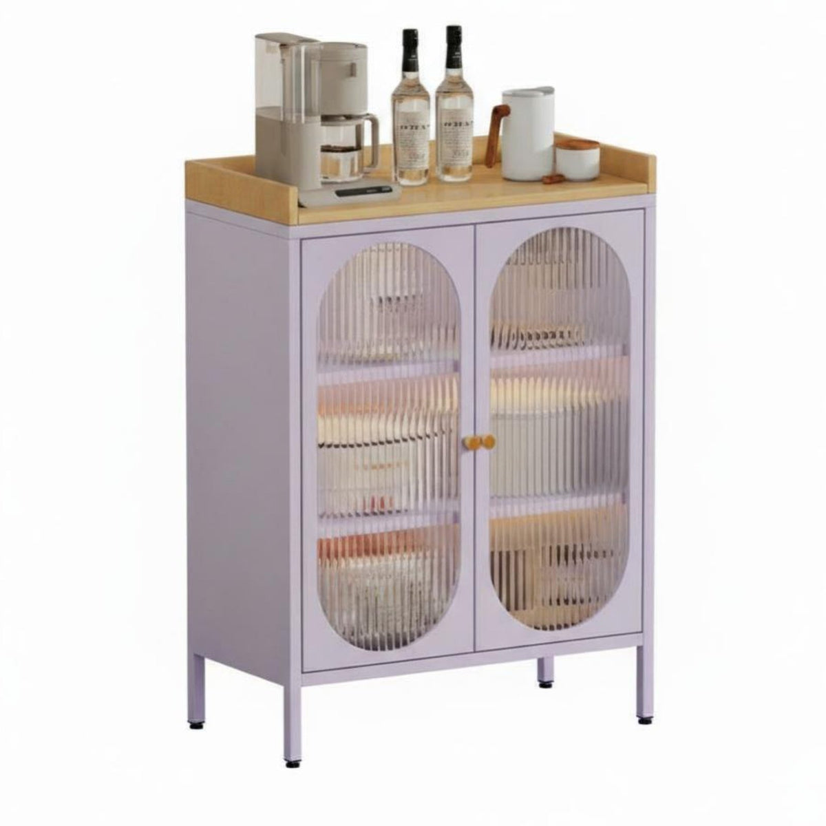 Modern Design Unrestrictedstanding Cupboard with Fluted Glass Doors Easy to Clean Fluted Door Cabinet Wide Countertop Storage Furniture Scratch Resistant Top for Homeowners, Renters, Dining Room, Kitchen, Entryway, Home Office