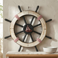 Rope-Wrapped Ship Wheel Wall Decor Artisanal Nautical Wall Hanging Vintage Look Decorative Ship Wheel Sturdy Craftsmanship for Indoor, Living Room, Bedroom