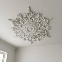 Scrollwork French-Design Ceiling Medallion Relief Design Floral Ceiling Panel Ornate Embossed Lamp Hole Cover White